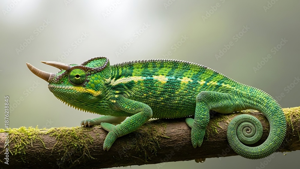 Fototapeta premium Vibrant green chameleon perched on mossy tree branch in forest