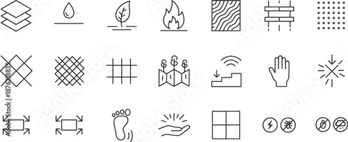 Material properties line icon set with construction layers, resistance symbols, texture patterns, interaction icons, and protection indicators