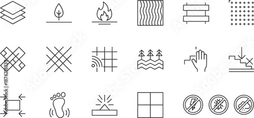 Material properties line icon set with construction layers, texture patterns, resistance, sound insulation, touch, and prohibition symbols