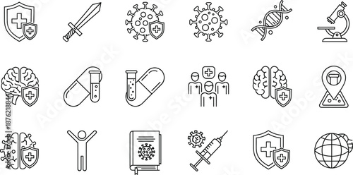 Medical and healthcare line icon set with virus, protection shield, syringe, pill, DNA, brain, microscope, doctor group, and global health symbols