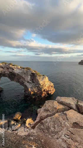 View from Es Pontas viewpoint on Mallorca, Spain. Famous natural spot on Balearic islands during sunset.