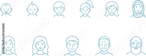 People face avatar line icon set showing age progression from baby to elderly with male and female portrait characters