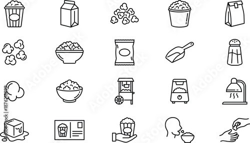 Popcorn line icon set with buckets, bowls, kernels, machines, carts, scoops, and snack packaging symbols