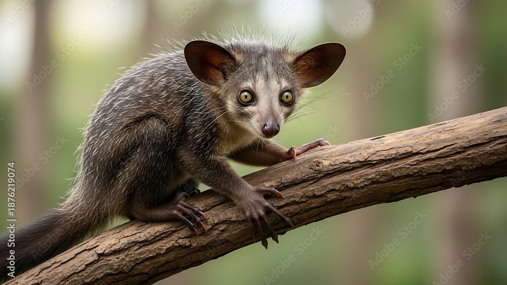 Fototapeta premium Adorable aye-aye perched on tree branch in forest habitat