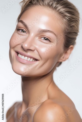A young Caucasian woman with blonde hair and a smooth complexion smiles softly. She has a natural look with minimal makeup and a neutral background.