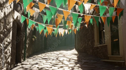 A narrow cobblestone street adorned with colorful triangular flags in green and orange. Sunlight casts shadows on the ground, creating a warm atmosphere.