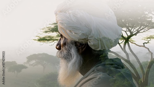 Profile of a senior African man with a white turban and beard, set against a misty landscape with trees in the background.