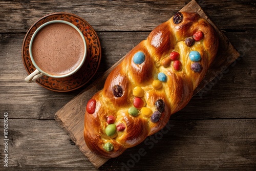 lat lay of the traditional Rosca de Reyes bread decorated with colorful candies. It is on a wooden table with a cup of hot chocolate.