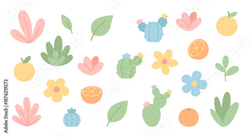 Collection of colorful illustrations featuring flowers, leaves, fruits, and cacti on a white background