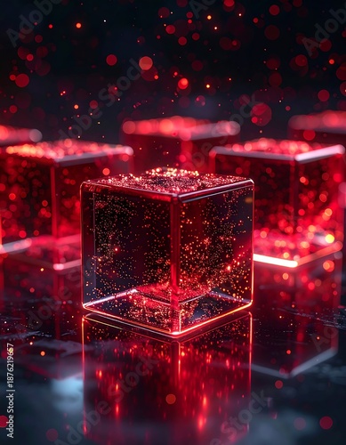 A futuristic scene with glowing red cubes on a reflective surface