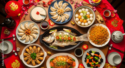 Wallpaper Mural Traditional chinese new year feast with whole roasted fish dumplings and noodles on red decorated tablecloth on transparent background Torontodigital.ca