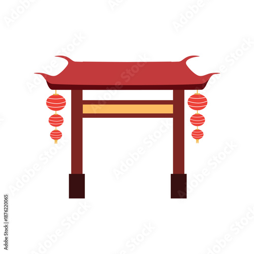 Torii gate. Traditional Chinese Gate with Red Lanterns. Chinese gate icon. Flat illustration of chinese gate 