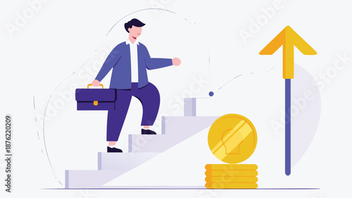 Businessman climbing stairs to success with briefcase and growing finances