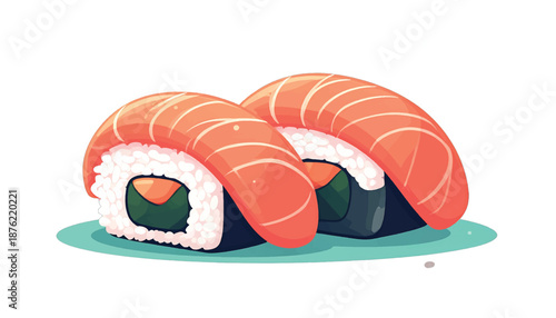 Two pieces of salmon sushi on a light green plate.
