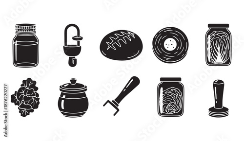 Black and white vector icons of food and drink items, including bottles, jars, and utensils.