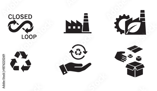 Closed loop recycling and sustainable industrial icons set with factory, leaf, gear, and eco-friendly symbols