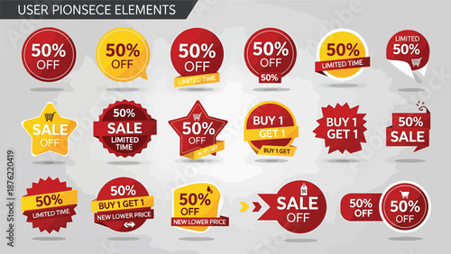 Discount and Sale Labels Set with 50% Off Markings