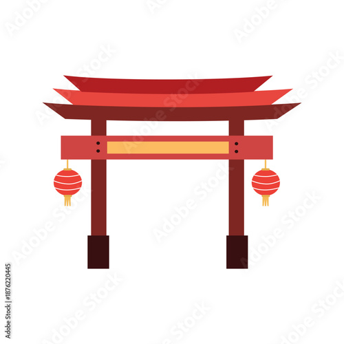Traditional Asian Torii Gate with Red Lanterns. Japanese temple icon. Flat illustration of japanese temple.