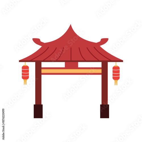 Traditional Red Chinese Gate with Hanging Lanterns. Chinese Temple Entrance Gate. Oriental Chinese Gate