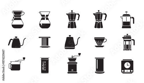Collection of coffee makers and brewing equipment icons in black and white