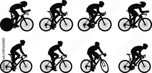Cyclist silhouette collection featuring racing bikes and dynamic riding positions for competitive cycling, training, triathlon, and endurance sports design graphics and illustrations.