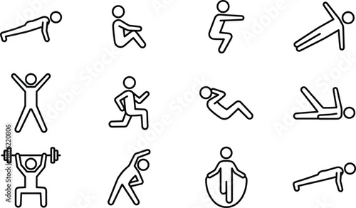 Exercise icon collection showing bodyweight workouts, stretching, jumping, weightlifting, and fitness training poses for health, sport, gym routines, and active lifestyle illustrations.