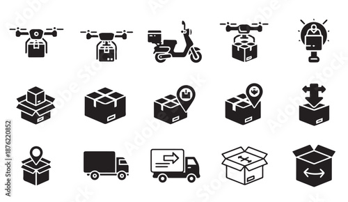 Collection of delivery icons including drones, scooters, trucks, and boxes with various states.