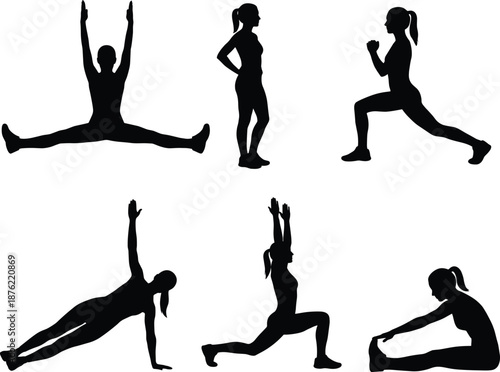 Fitness silhouette illustration set showing stretching, lunges, yoga poses, balance exercises, and flexibility training for sport, wellness, mobility, and healthy active lifestyle concepts.