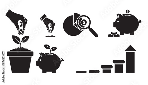 Black vector icons depicting saving money, investment growth, and financial management concepts.