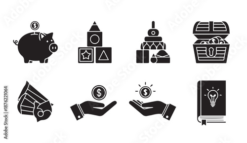 Black vector icons depicting business and finance concepts with piggy bank, treasure, and money.