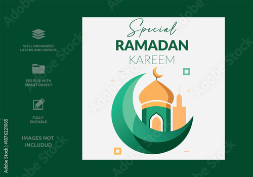 Special ramadan kareem greeting card with mosque and crescent moon design