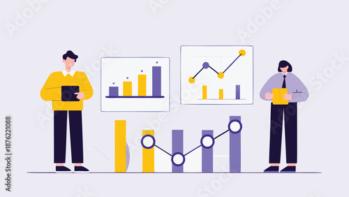 Business professionals analyzing data and statistics in modern office setting