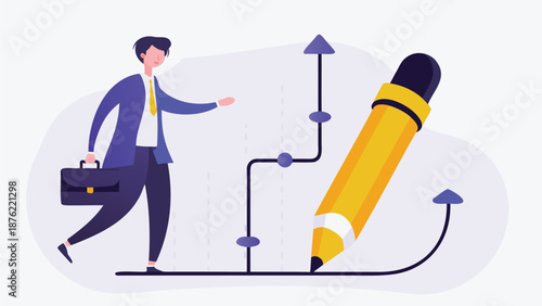 Businessman walking towards growth chart with giant pencil