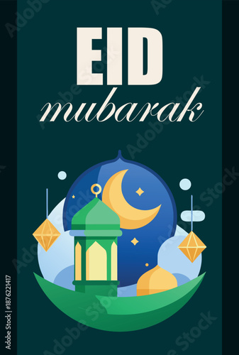 Elegant eid mubarak greeting with islamic mosque and crescent moon