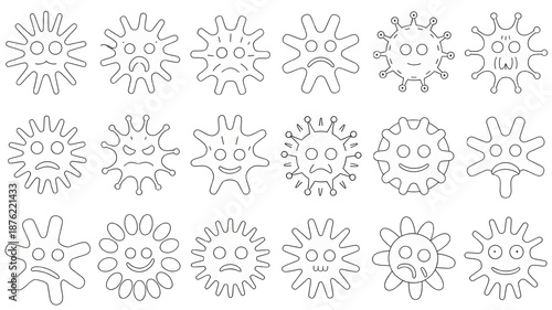 Cartoon germs with different facial expressions in simple line art style on white background for medical illustration