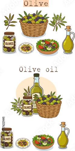 Olive and olive oil themed vector set featuring olive branches, olives, bottles, and traditional Mediterranean food elements