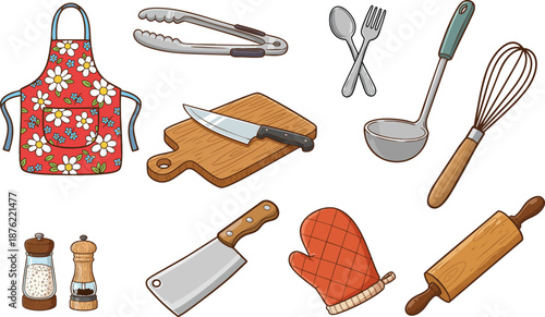 Vector illustration of a kitchen utensils set including common cooking tools and accessories