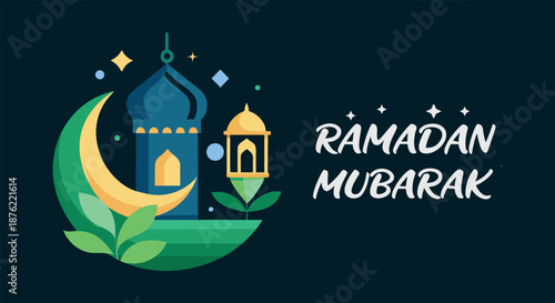 Ramadan mubarak greeting with mosque, moon, and lantern illustration