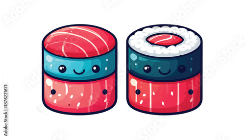 Two Cute Sushi Rolls with Smiling Faces and Vibrant Colors.