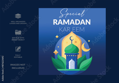 Special ramadan kareem greeting card with mosque illustration