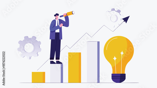 Businessman looking through telescope at growth graph and lightbulb idea