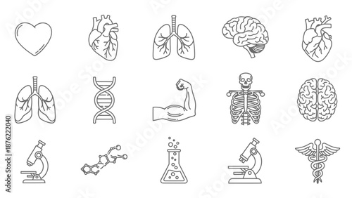 Medical Icons Set: Heart, Lungs, Brain, DNA, Skeleton, Microscope, Caduceus