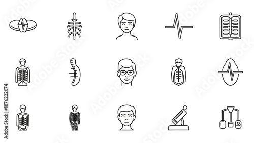 Medical Icons Set: Human Anatomy, Heartbeat, DNA, Microscope, Brain