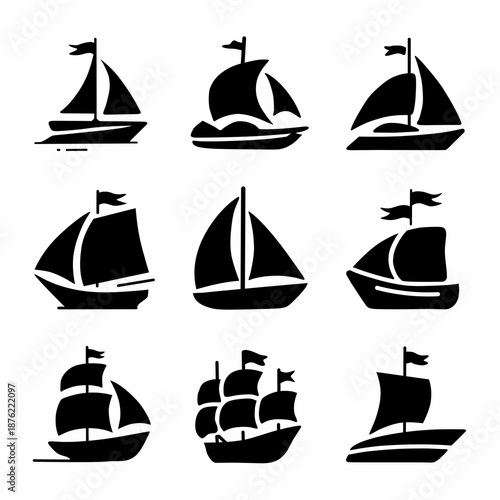 Collection of Sailboat and Ship Silhouettes Nautical Vector Icons Set