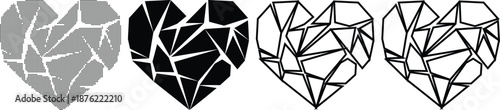 Set of four shattered or broken heart designs in various styles including dotted, solid black, solid white, and outline on a transparent background
