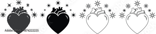 Set of four heart designs featuring an anatomical heart with surrounding stars in dotted, solid black, solid white, and outline versions on a transparent background