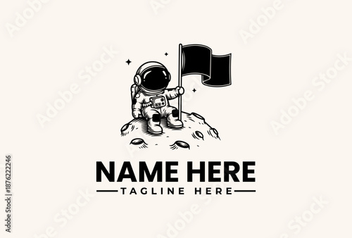 Black and white illustration of an astronaut in a spacesuit planting a flag on a rocky surface with a clean design for a logo or icon.