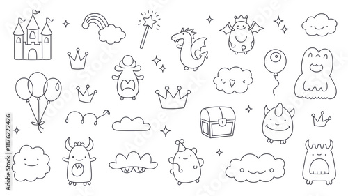 Whimsical Cartoon Icons with Smiling Faces in Simple Line Art Style on White Background for Childrens Illustration