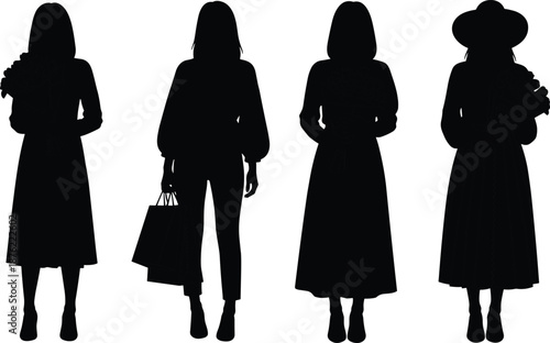 Elegant women silhouette collection showing fashion styles, modern female outfits and accessories, lifestyle concept, black minimal vector illustration set
