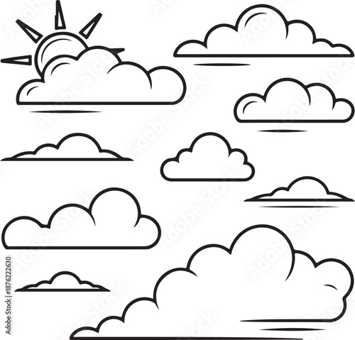 Vector linear clouds. Set of isolated contour images of clouds, wind and storm eddy. Outline vector illustration
